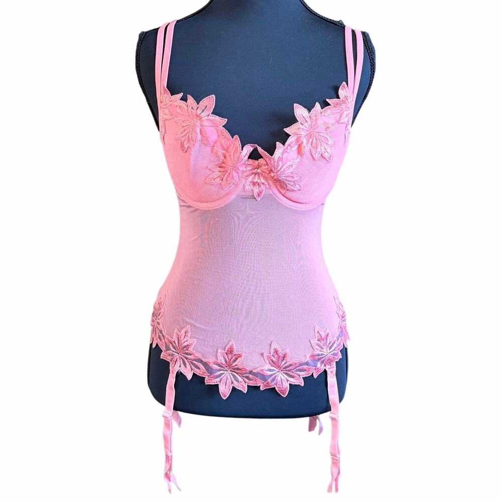 Vintage 1999 Victoria’s Secret Pink Lace Mesh Bustier Garter Top 36B soft girl